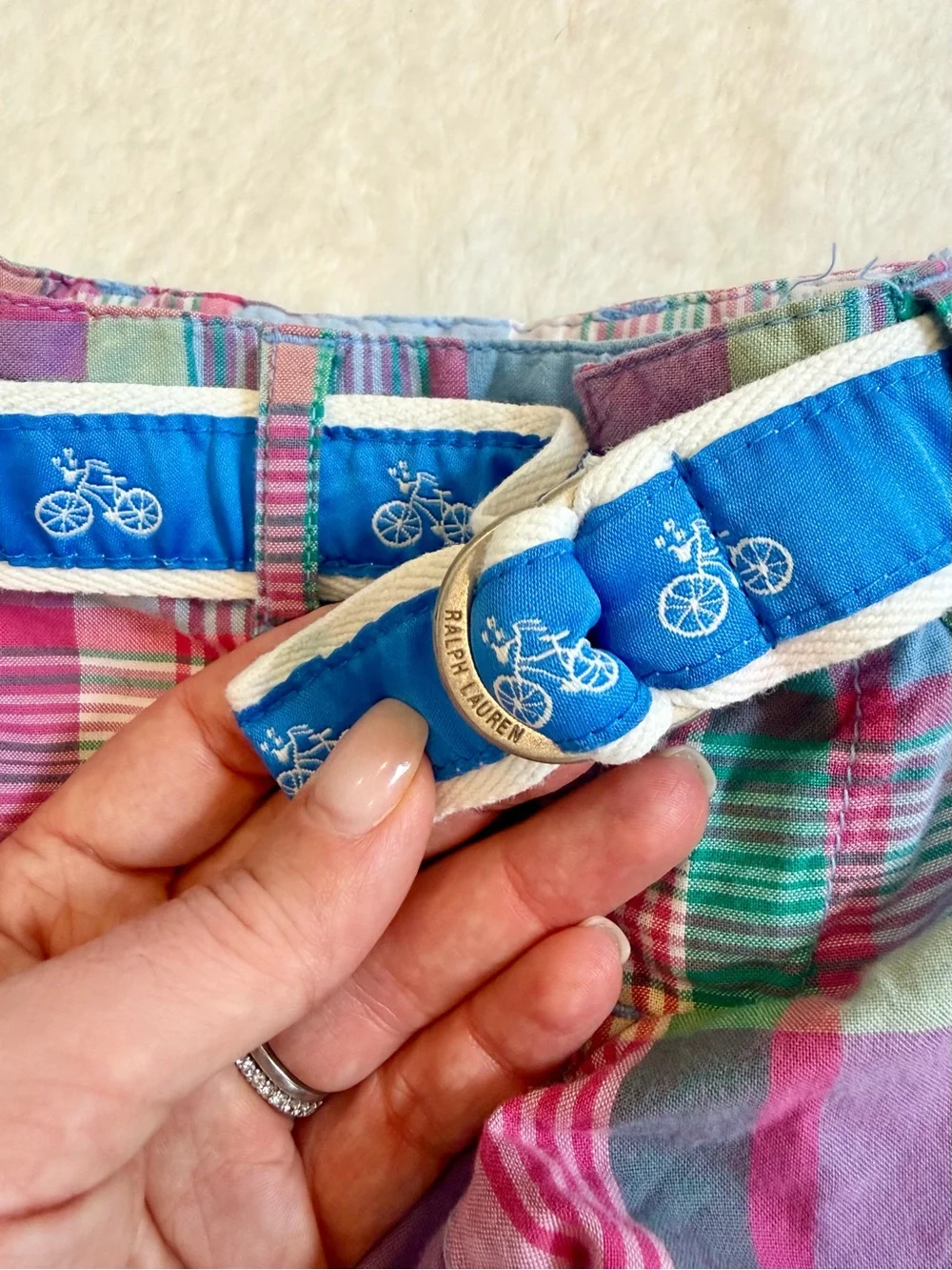 Ralph Lauren Plaid Girls Bermuda Shorts with Blue Bicycle Belt